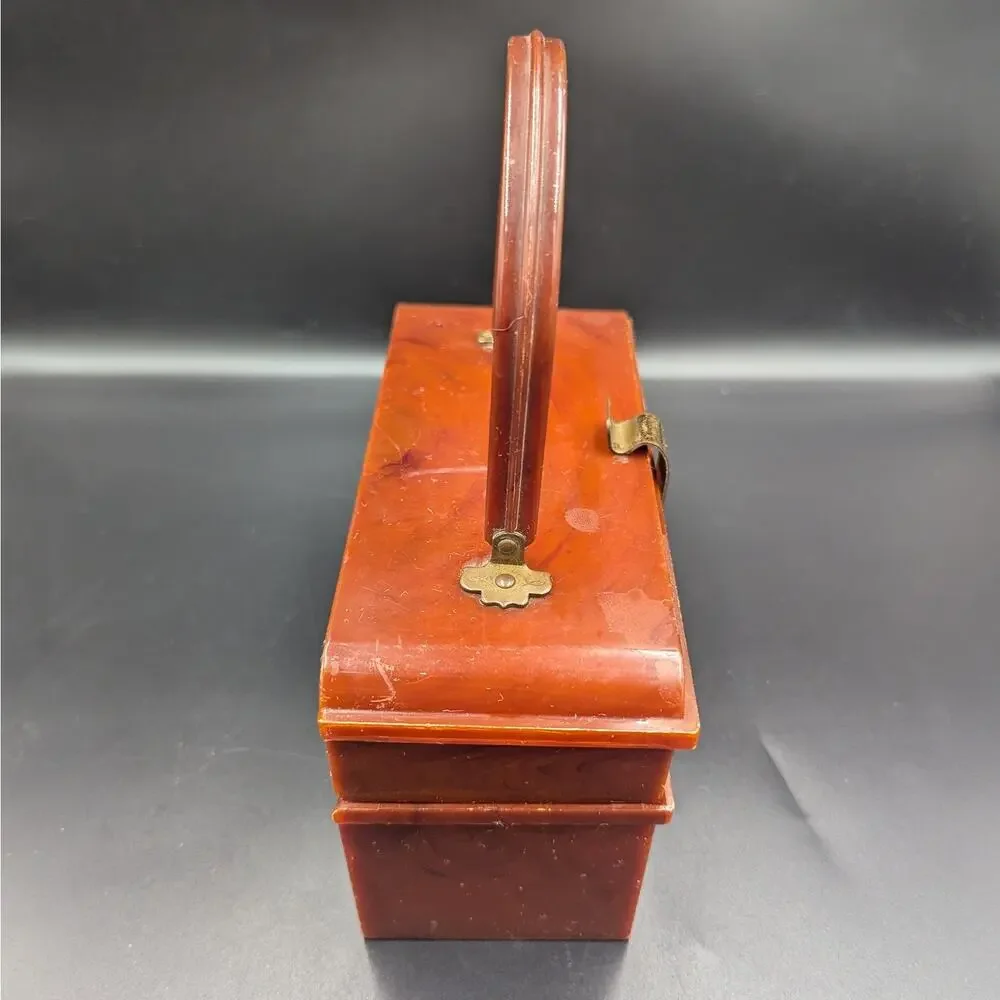 Vintage Marbled Lucite Style Purse Trinket Jewelry Box Amber Brown Brass Clasp